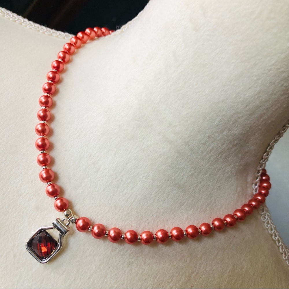Handcrafted repurpose antique rose stone pendant Czech glass Pearl necklace